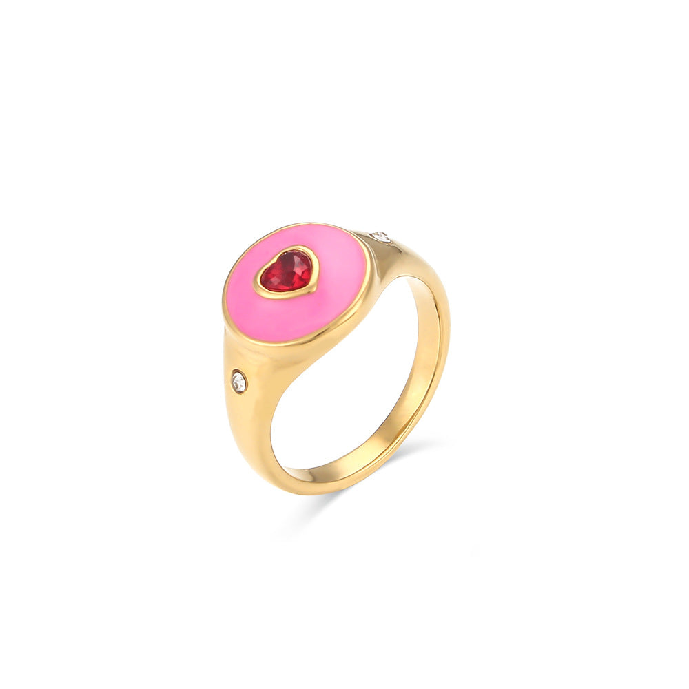 Anello da donna a forma di cuore con strass bianchi, in acciaio inossidabile placcato oro 18K con smalto nero, dal design geometrico retrò chic