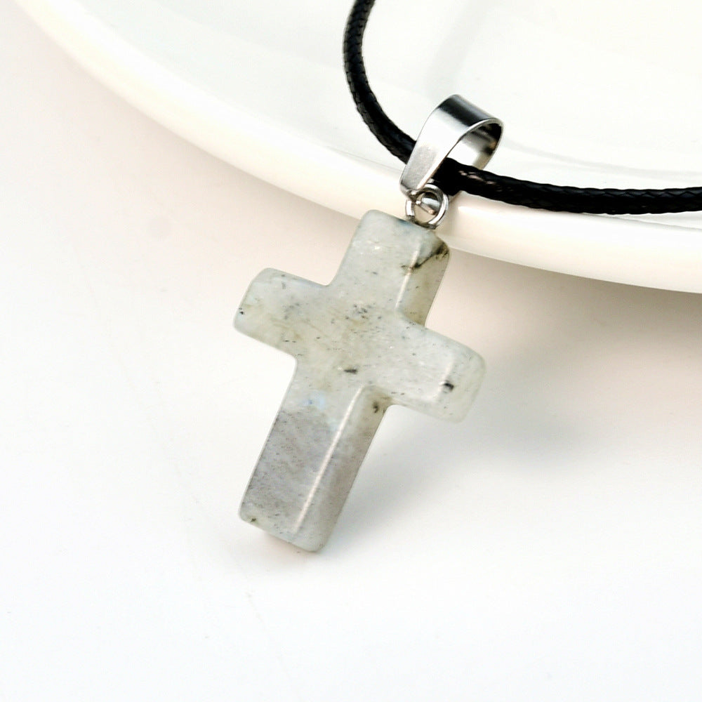 Minimalist Cross Crystal Agate Turquoise Pendant Necklace Unisex