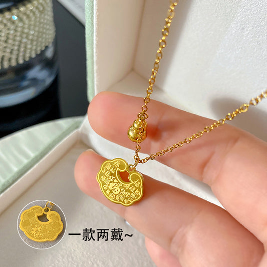 Vintage Chinese Character Titanium Steel Plated Lock Pendant Necklace for Unisex