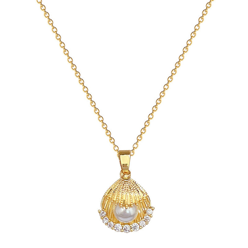 Sweet Elegant Geometric Moon Titanium Steel Necklace with Pearl Shell and Rhinestone Plated Cable Chain for Unisex