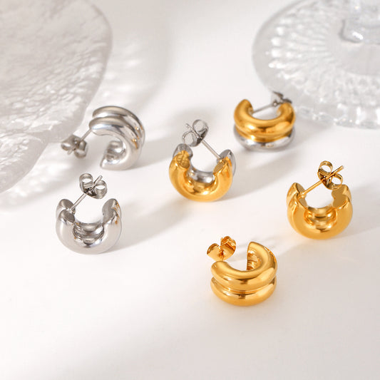 Orecchini a Cerchio da Donna in Acciaio Inossidabile con Design Geometrico a Doppio Strato, Placcati Oro 18K, Stile Minimalista alla Moda