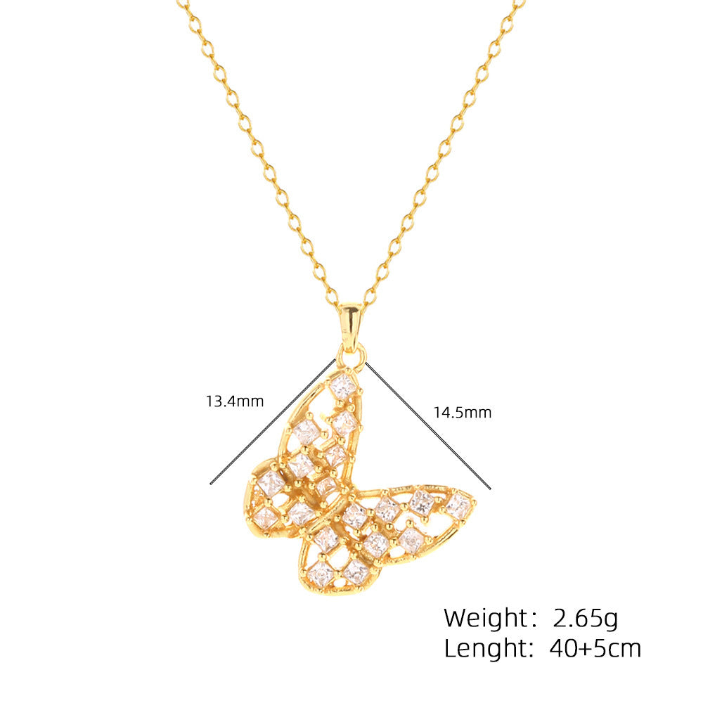 Collana con pendente a farfalla intarsiata con diamanti in argento sterling 925 di lusso, catena a cavo, da donna