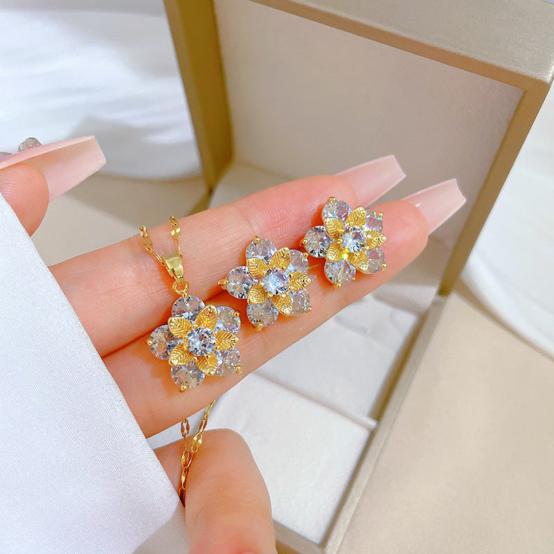 Luxury Fresh and Sweet Plated Brass Zircon Micro-Pave Earrings and Necklace Set