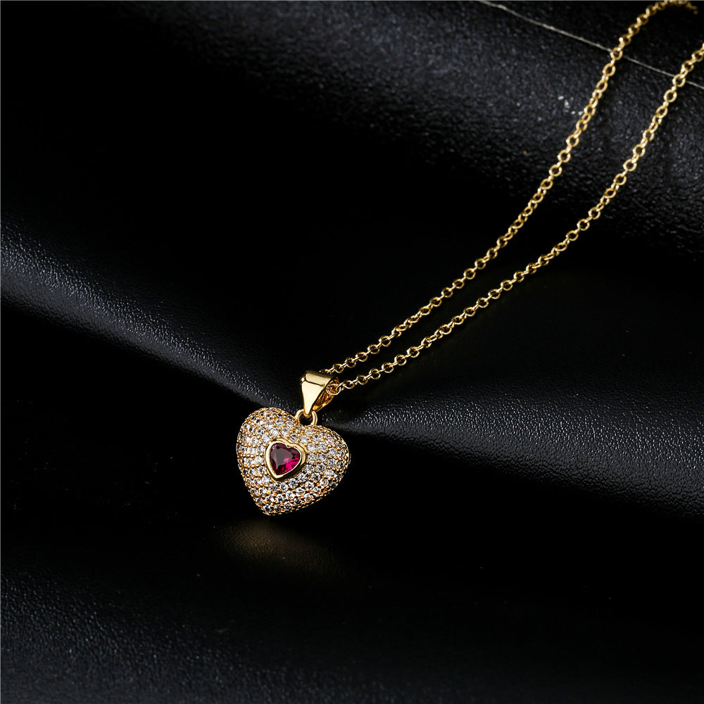 Gold Plated Brass Micro-Inlaid Cubic Zirconia Heart Geometric Pendant Necklace with Cable Chain