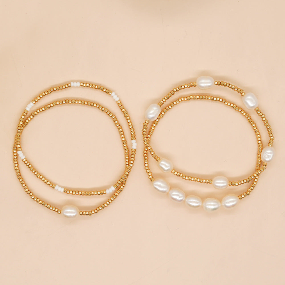 Sweet Geometric Oval Pearl Ball Chain Bracelet for Women