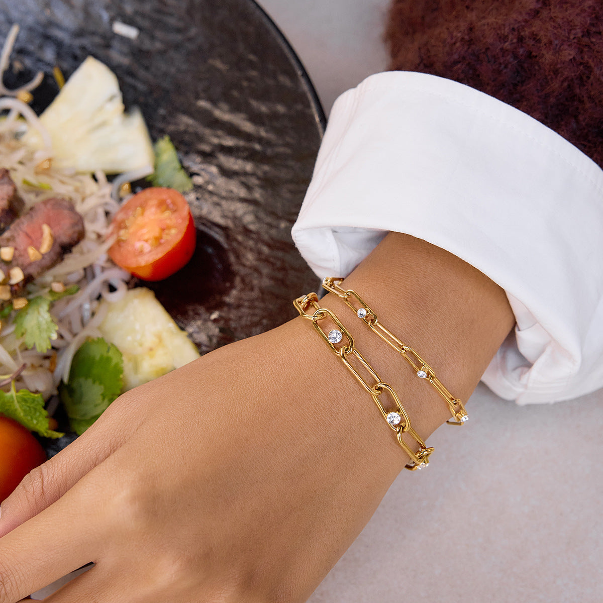 Elegant Geometric Stainless Steel Bracelet with Cubic Zirconia Gold Plated for Women