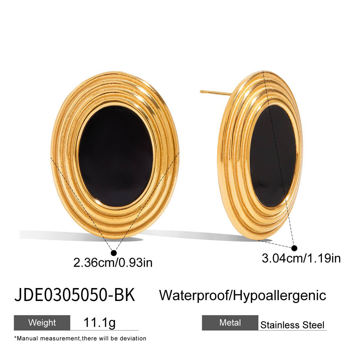 Orecchini a perno geometrici minimalistici in agata nera in acciaio inossidabile con placcatura in oro PVD sottovuoto per donna