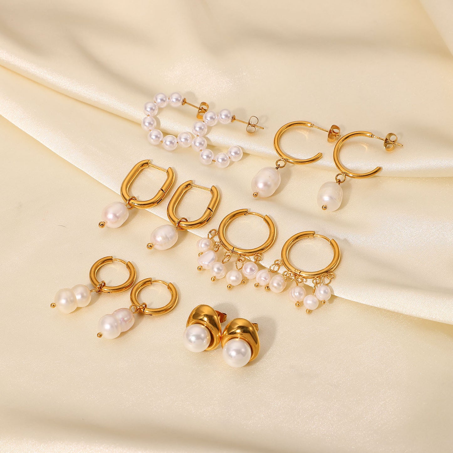 Fashionable Geometric 18K Gold Plated Stainless Steel Pearl Hoop Earrings for Women