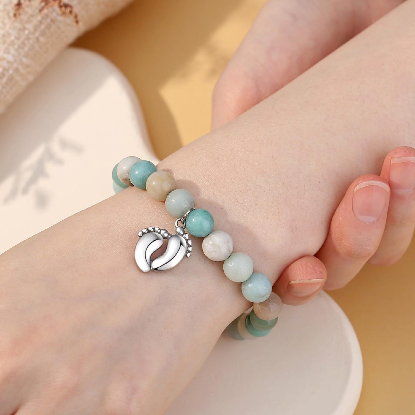 8mm Pink Zebra Agate and Imperial Turquoise Floral Heart Bracelet with Gemstone Inlay Unisex Handmade Jewelry