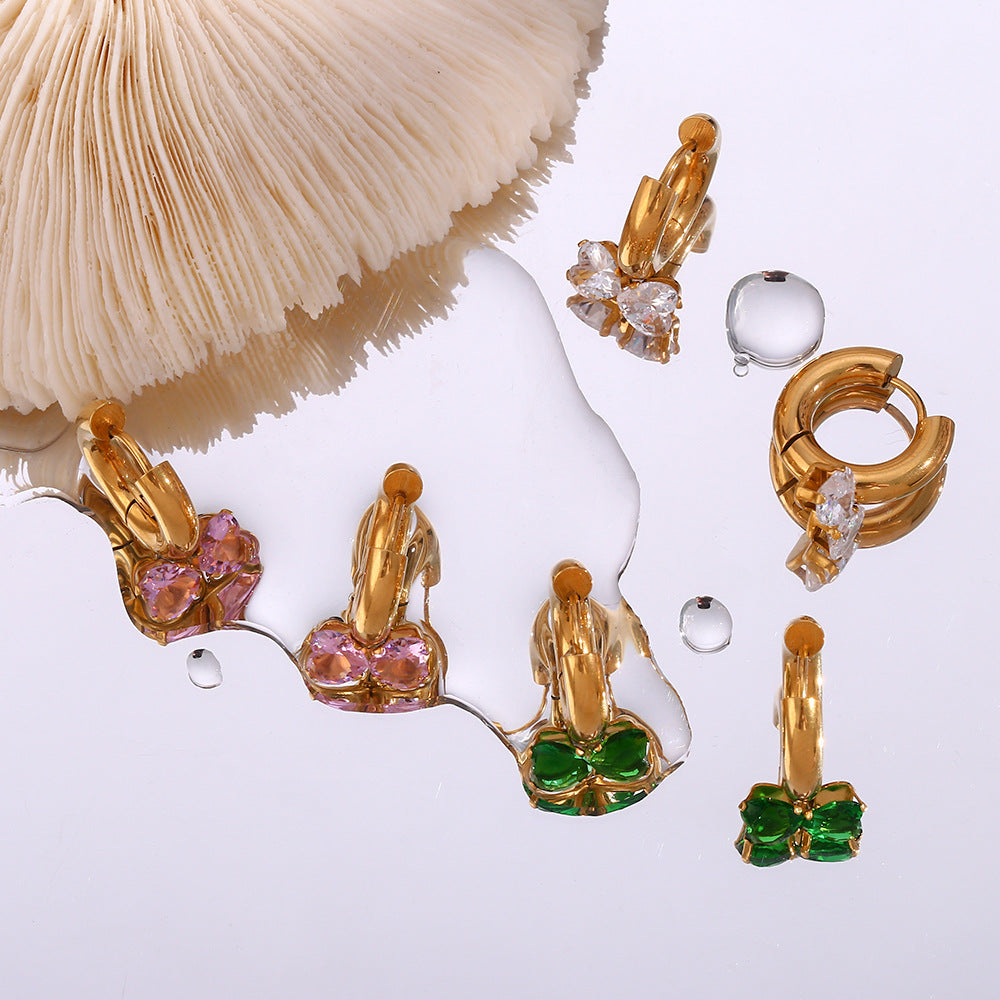 Pendientes de acero inoxidable en forma de lazo minimalistas con detalles de diamantes de imitación y acabado chapado para mujer