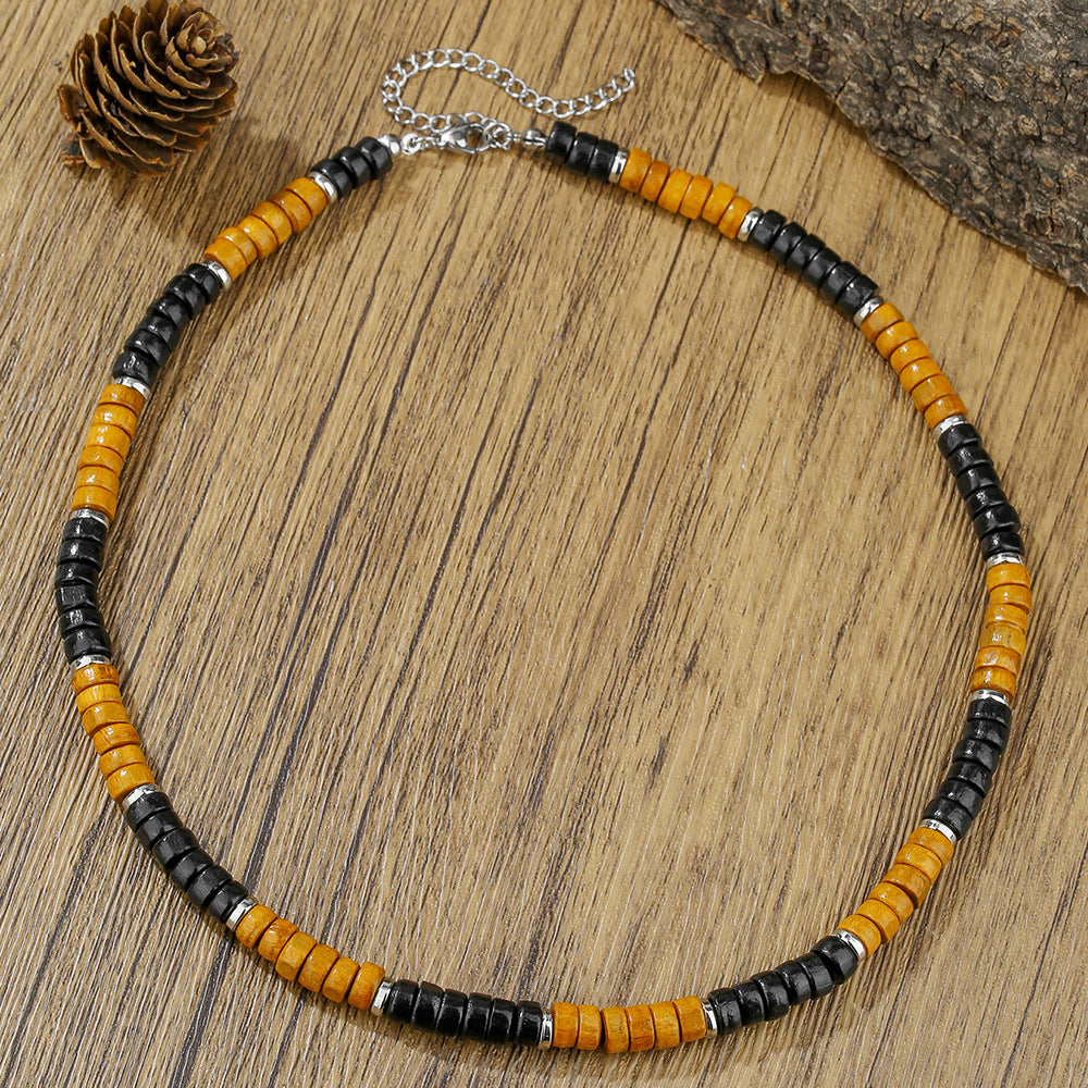Bohemian Geometric Round Wood Bead Stainless Steel Cable Chain Necklace for Unisex