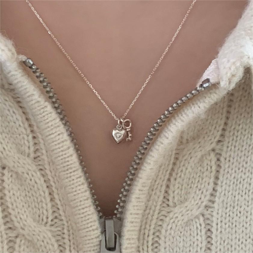 Minimalist Heart Key Pendant Necklace in 925 Sterling Silver with Gold Plating on Snake Chain