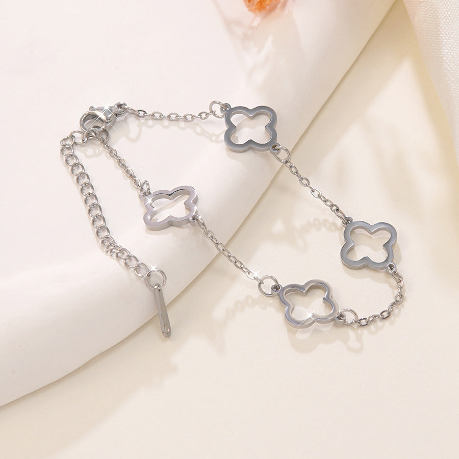 Elegant Stainless Steel Four-Leaf Clover Rhinestone Bracelet for Women