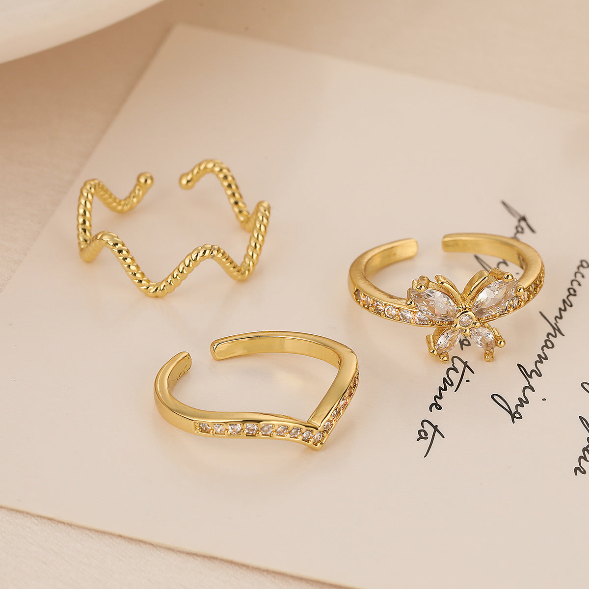 Minimalist Geometric Butterfly-Shaped Copper Ring for Women with Micro-Pavé Setting