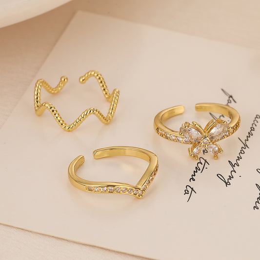 Minimalist Geometric Butterfly-Shaped Copper Ring for Women with Micro-Pavé Setting