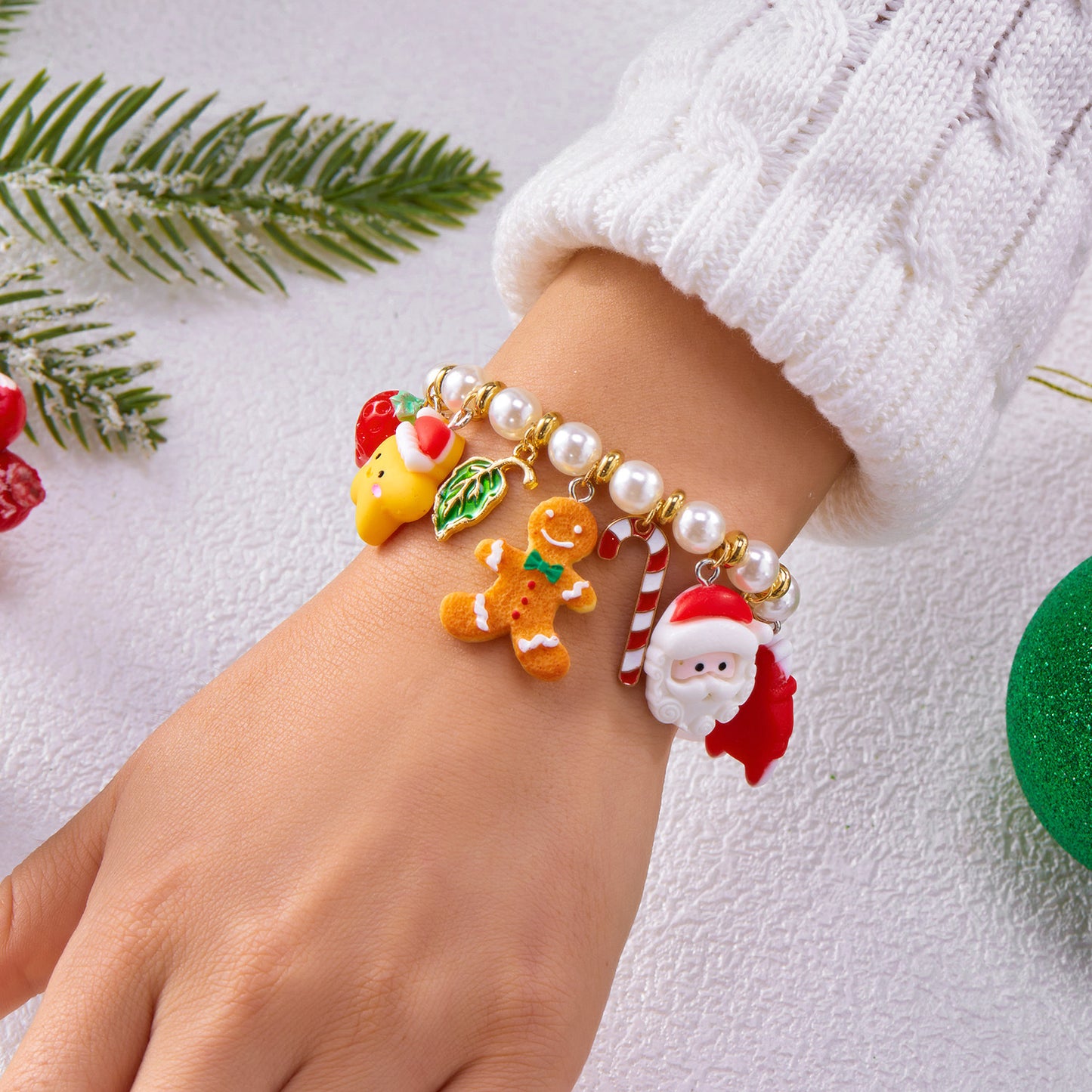 Handmade Christmas Themed Beaded Bracelet for Women Featuring Santa Claus Snowflake and Candy Cane Charms Zinc Alloy Geometric Style Festive Gift