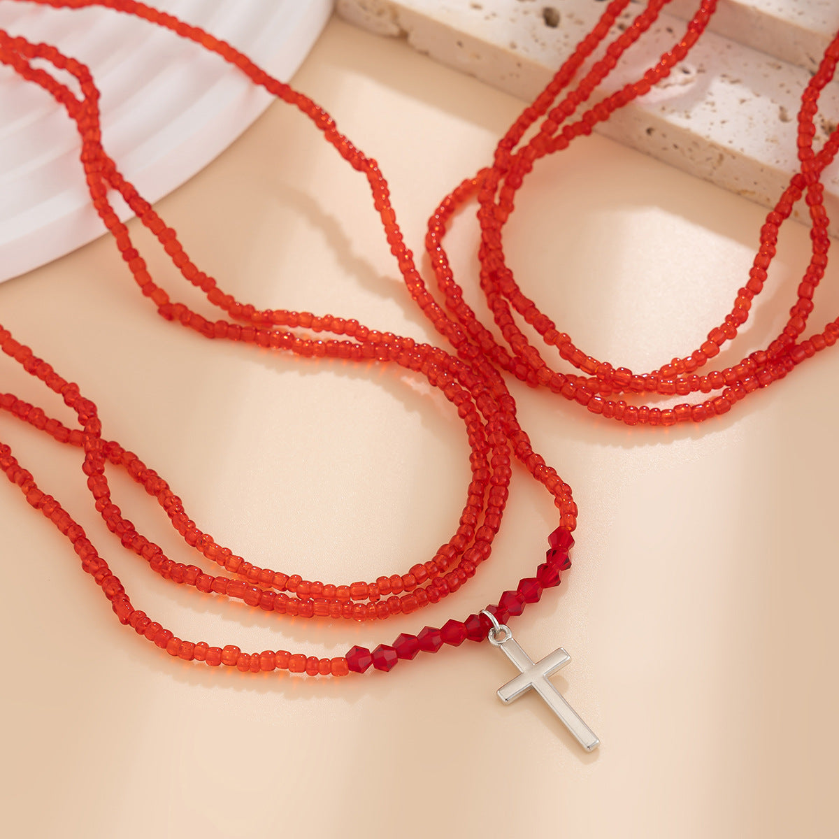 Elegant Geometric Cross Alloy Plated Multi-layer Beaded Necklace Set for Women