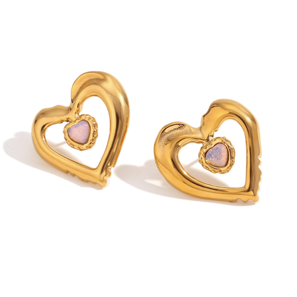 Sweet Hollow-Out Double-Layer Heart-Shaped Stainless Steel Earrings with 18K Gold Plating and Natural Stone Accents