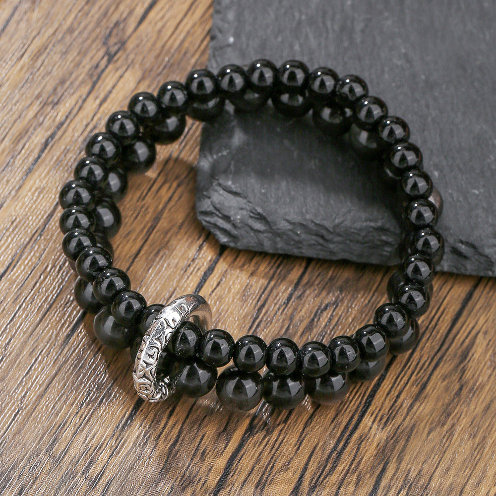 Vintage Chinese Zen Geometric Round Black Agate and Alloy Beaded Bracelet for Men and Women
