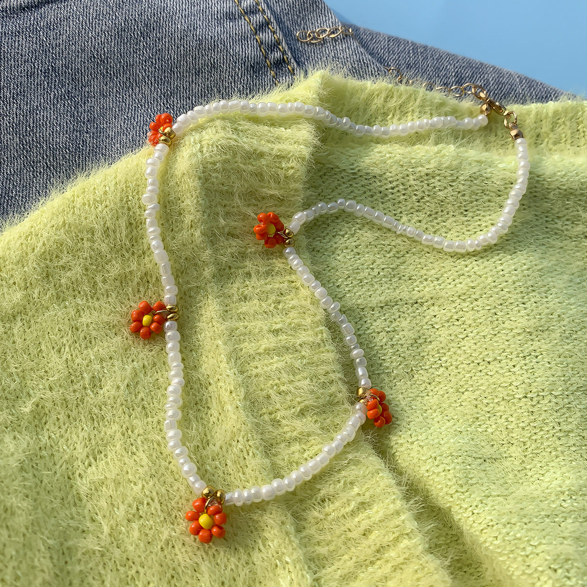 Bohemian Floral Letter Daisy Imitation Pearl Beaded Choker Necklace for Women
