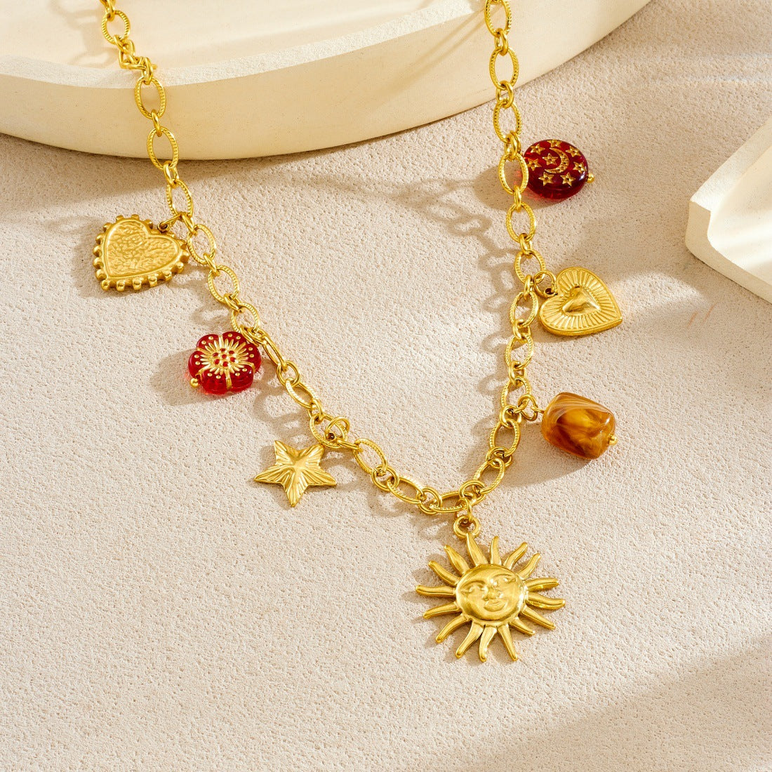 Vintage Elegant Round Heart Floral Stainless Steel Plated Pendant Necklace and Bracelet Set for Women with Cable Chain