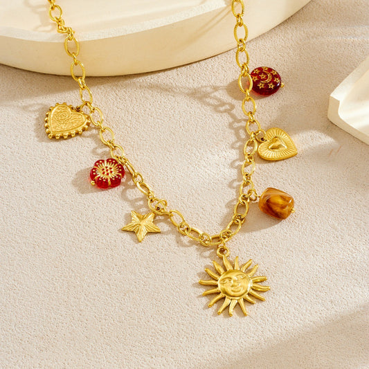 Vintage Elegant Round Heart Floral Stainless Steel Plated Pendant Necklace and Bracelet Set for Women with Cable Chain
