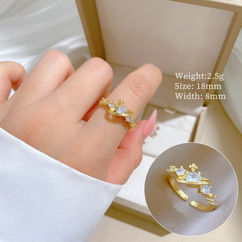 Minimalist Geometric Gold-Plated Brass Open Ring for Women with Crown Shape and Rhinestone Inlay