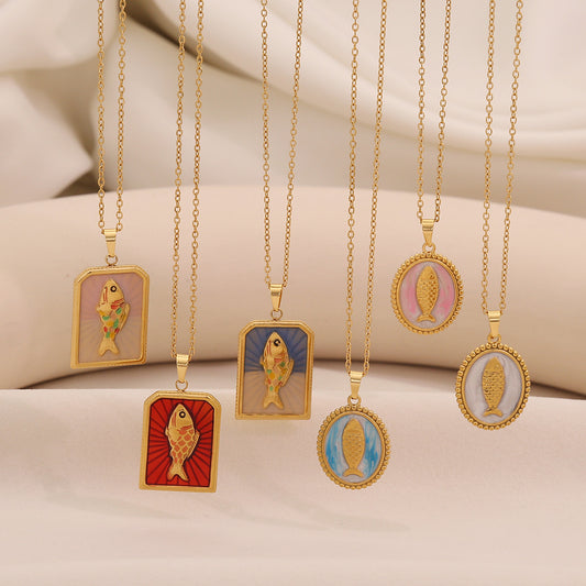 Collana con Ciondolo a Forma di Pesce Vintage in Acciaio Inossidabile Smaltato con Catena a O per Donna