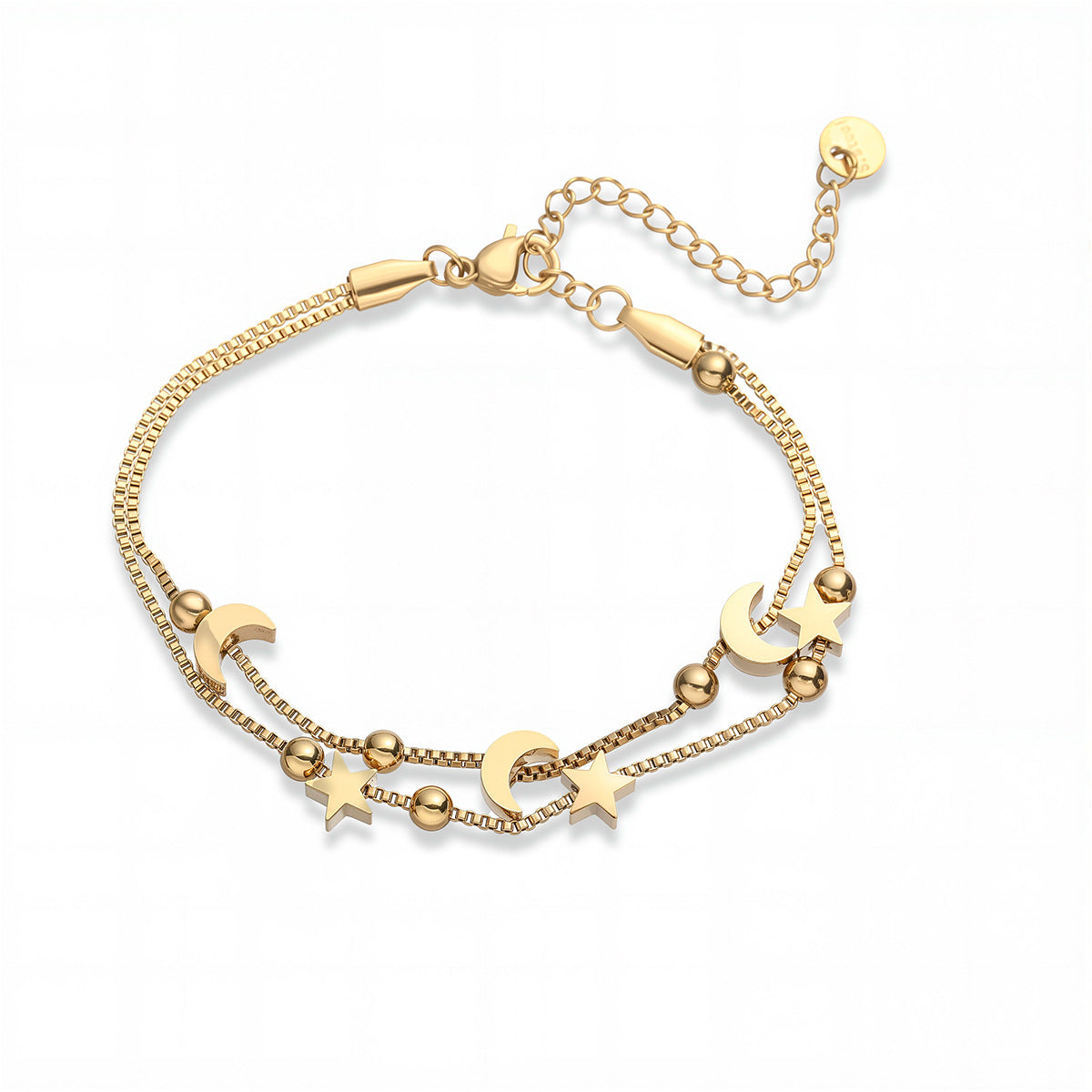 Minimalist 18K Gold Plated Star Moon Geometric Stainless Steel Double Layer Bracelet for Women