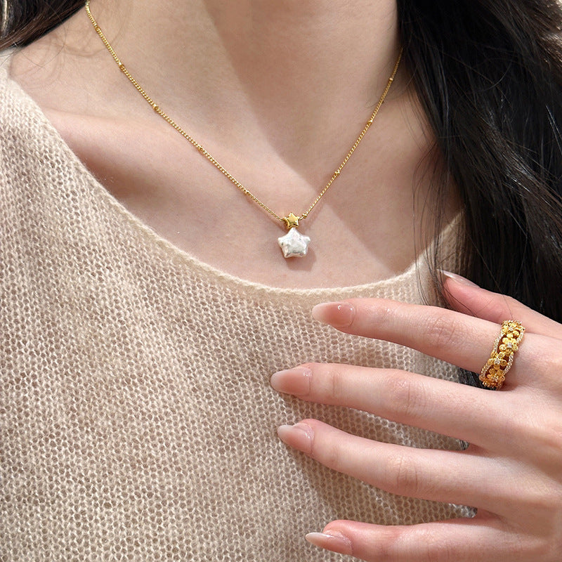 Collana minimalista placcata oro a forma di stella con perla, da donna, con design a catena per clavicola