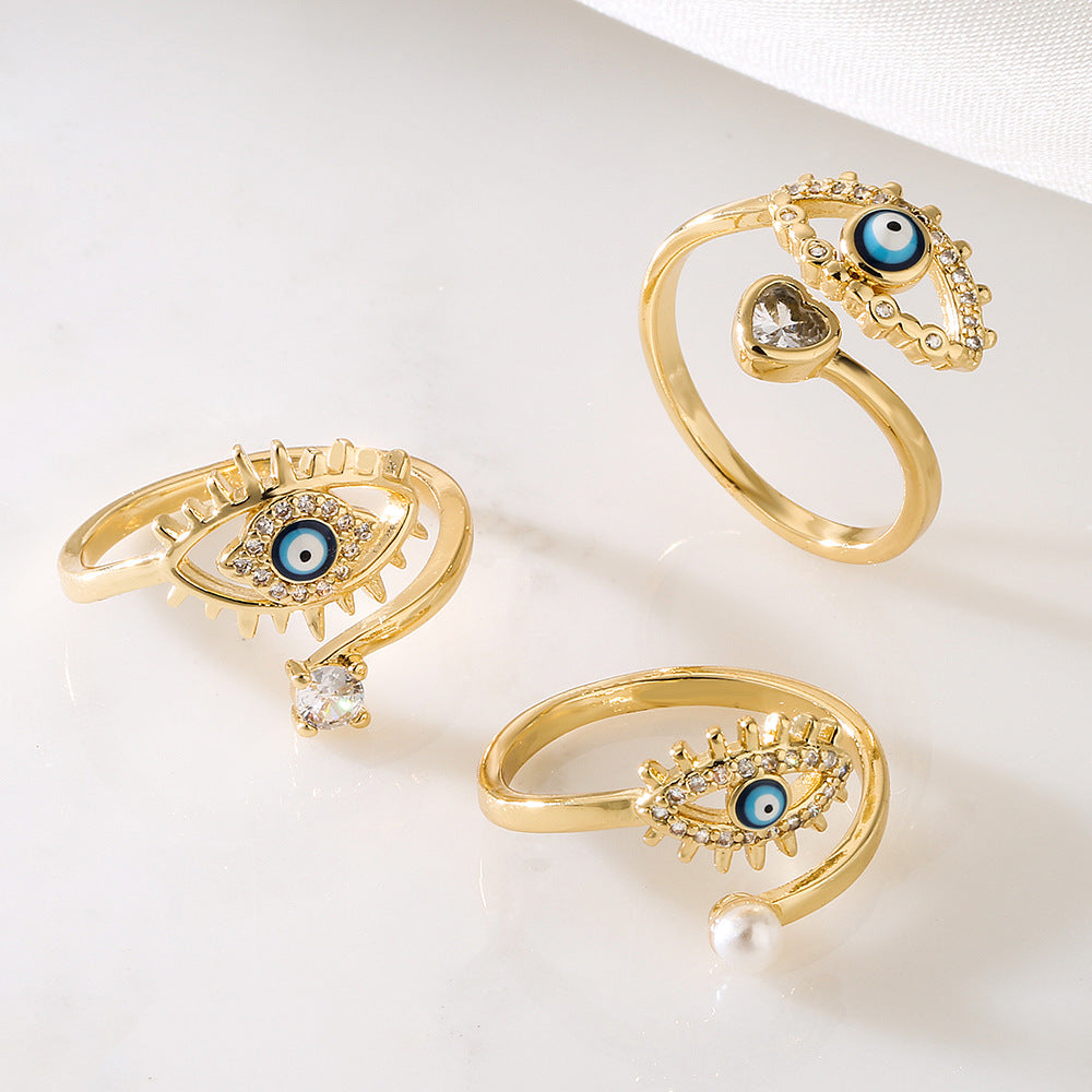 Minimalist Evil Eye Ring for Women Made of Copper with Micro-Pave Zirconia and Enamel Finish