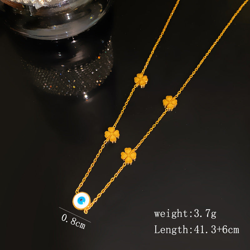Elegant Evil Eye Four-Leaf Clover Double Layer Titanium Steel Necklace for Women