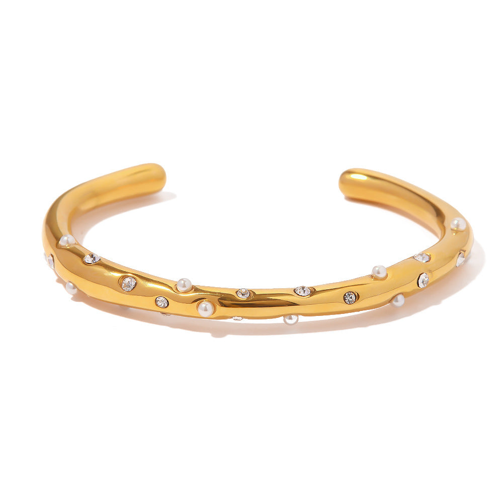 INS Style Geometric Titanium Steel Bracelet for Women with 18K Gold Plating Pearl and Zircon Inlay