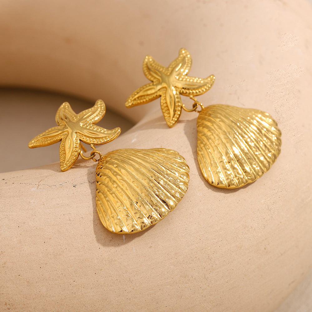 Orecchini da donna alla moda a forma di stella in acciaio inossidabile placcati oro 18 carati con inserti in conchiglia