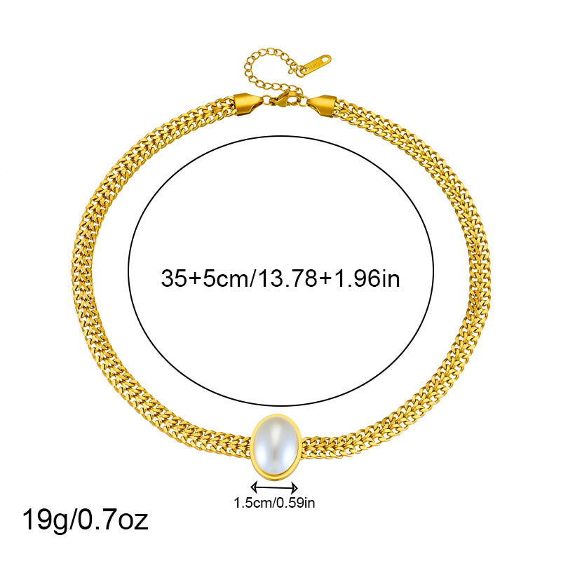 Vintage Minimalist Plated Stainless Steel Oval Geometric Pearl Earrings Necklace Bracelet Set