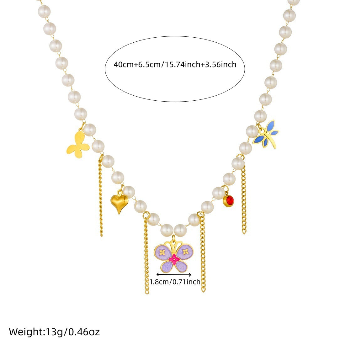 Casual Stainless Steel Plated Heart Butterfly Floral Pendant Ball Chain Necklace with Tassel and Faux Pearl