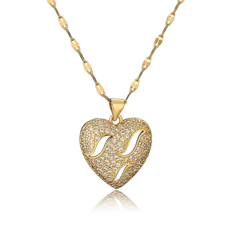 Minimalist Hollow Heart Shaped Zircon Pendant Necklace for Women in Copper with Fashionable Commuter Style