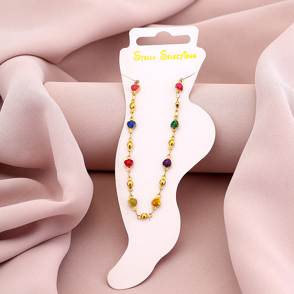 Elegante tobillera geométrica de acero de titanio para mujer con acento de piedra natural en azul pavo real