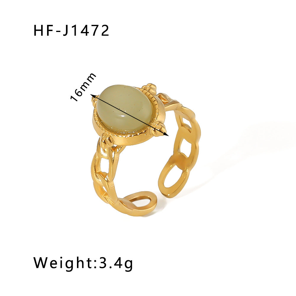 Vintage Geometric Round Emerald Green Natural Stone Stainless Steel Ring with 18K Gold Plating