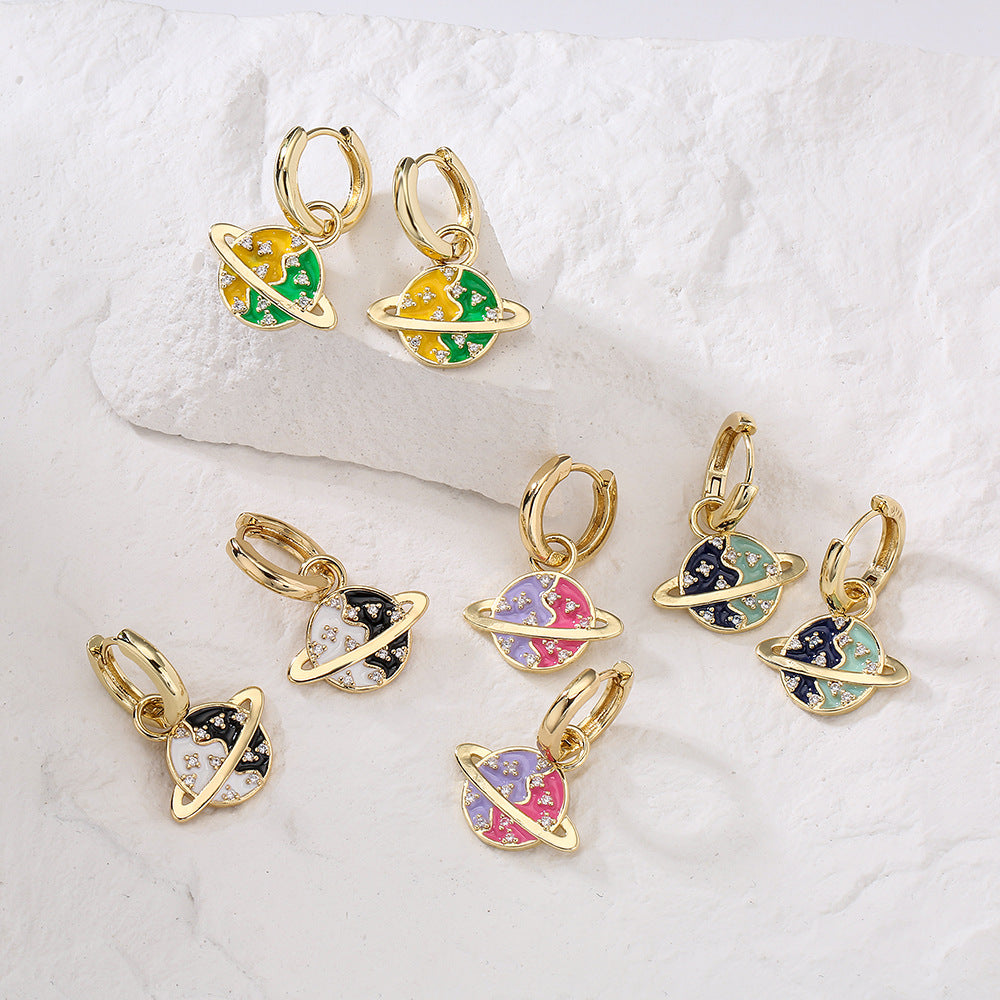 Orecchini Minimalisti Geometrici in Rame con Placcatura Oro 18K Intarsi in Strass e Design a Terra Smaltato per Donna