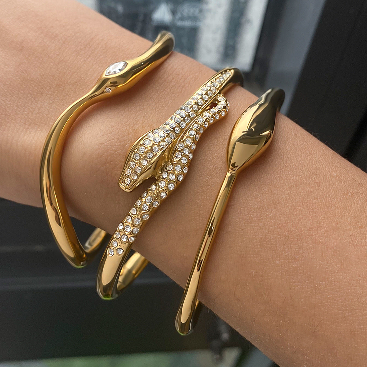 Set di gioielli da donna di lusso con bracciale e orecchini in acciaio inossidabile placcato in acciaio al titanio a forma di serpente
