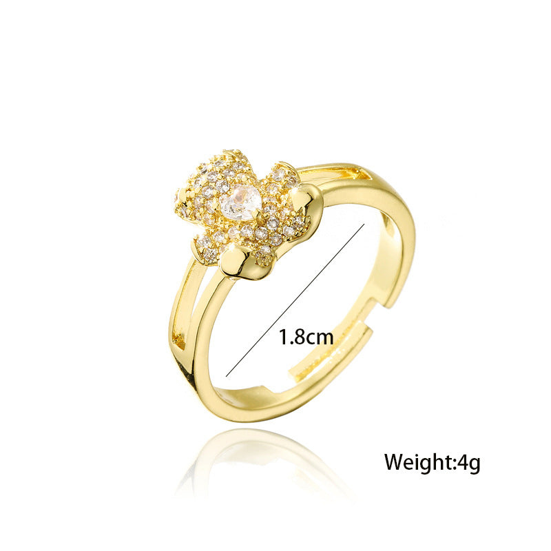 18K Gold Plated Brass Micro-Inlaid Cubic Zirconia Bear Ring Adjustable Open Design for Women