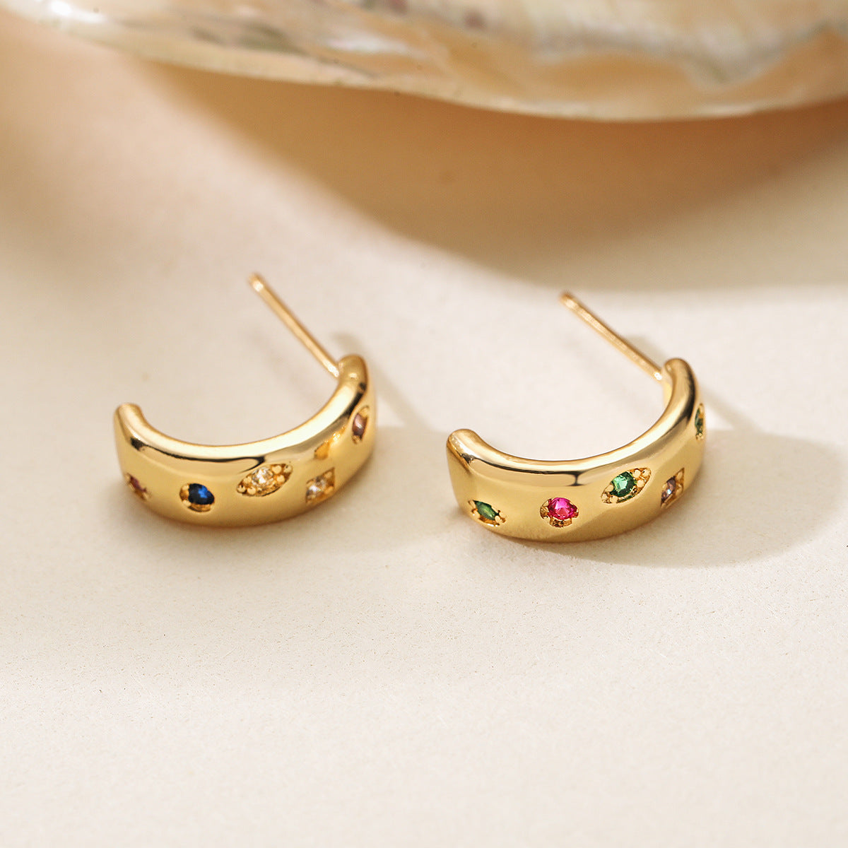 Minimalist Geometric C-Shaped Zirconia Stud Earrings for Women with 18K Gold Plated Posts and Micro-Pave Setting