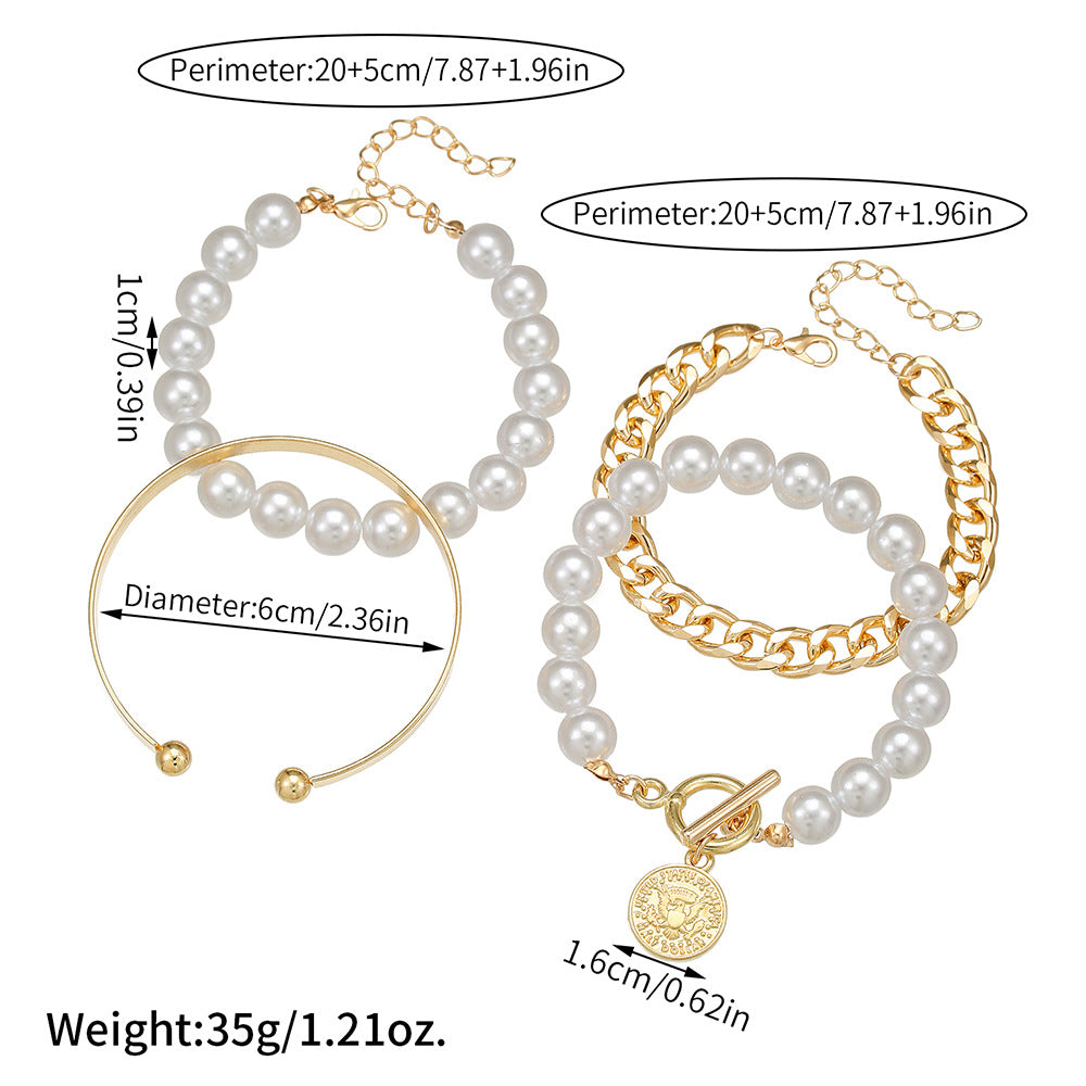 Sweet Streetwear Alloy Plated Letter Cuban Link Chain Bracelet with Imitation Pearl for Women