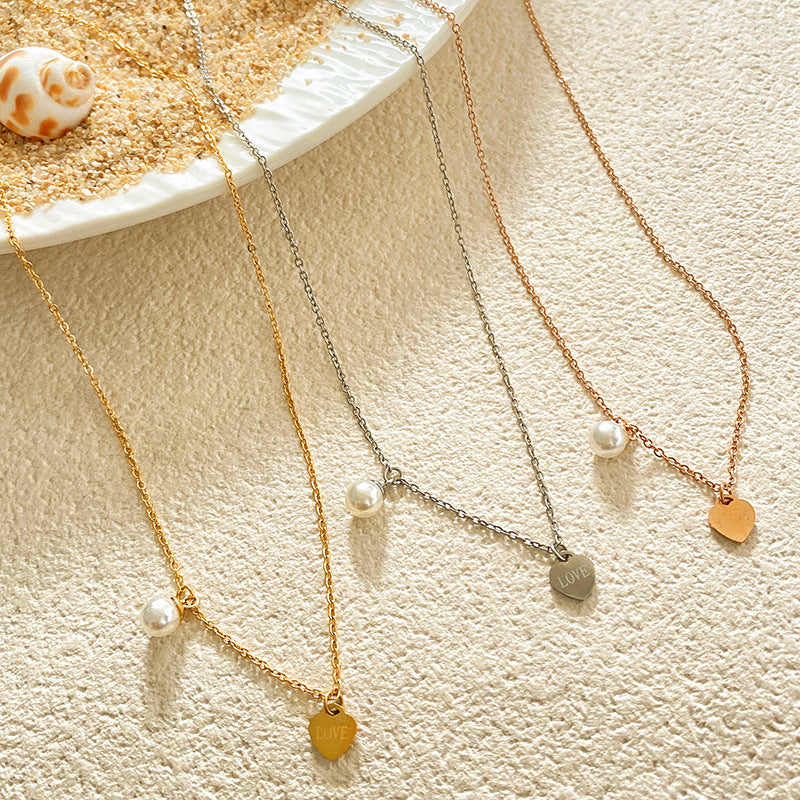 Minimalist Luxury Gold Plated Titanium Steel Heart Pearl Necklace for Unisex