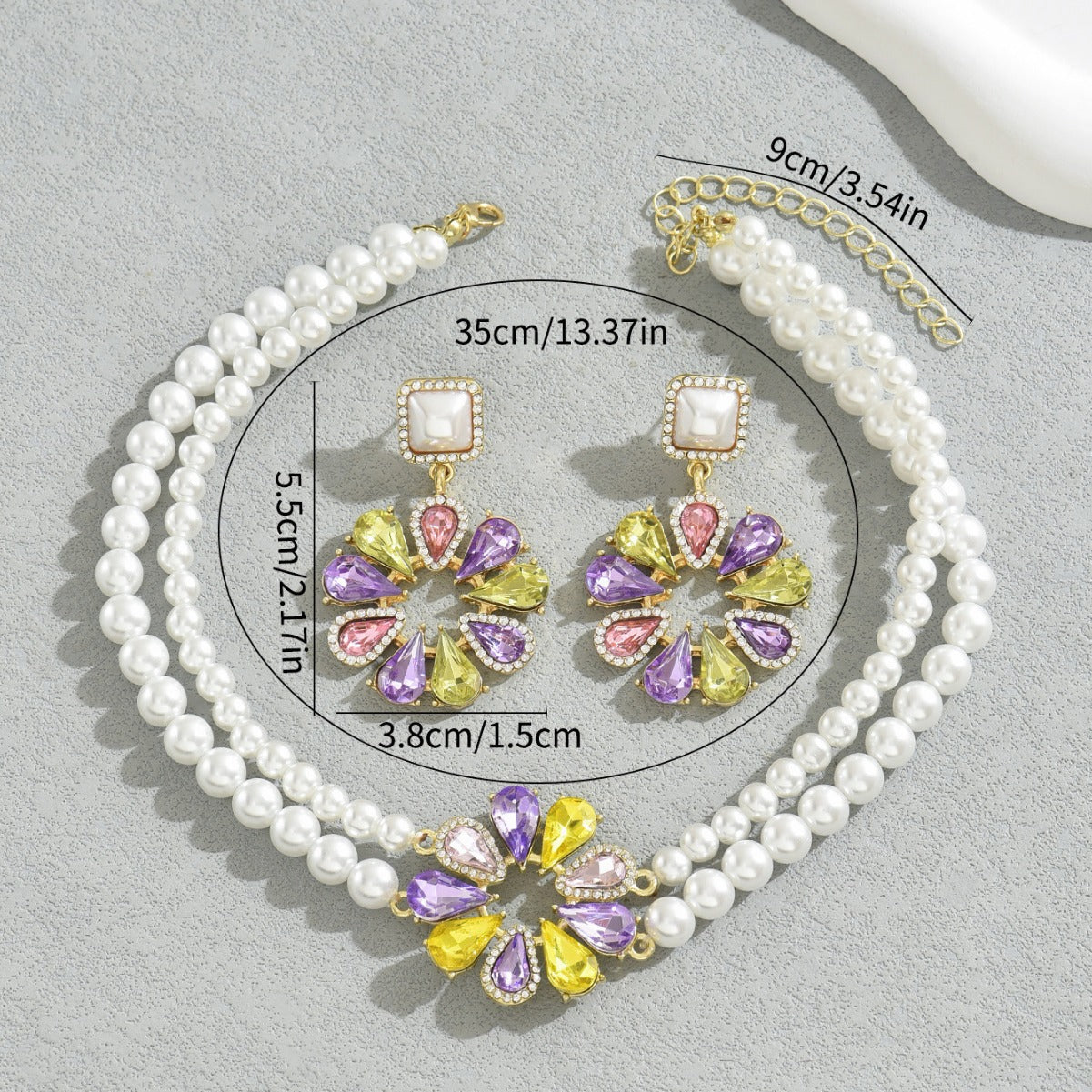 Parure di Collana con Pendente e Orecchini Floreali Minimalisti Vintage in Lega con Intarsio di Strass da Donna
