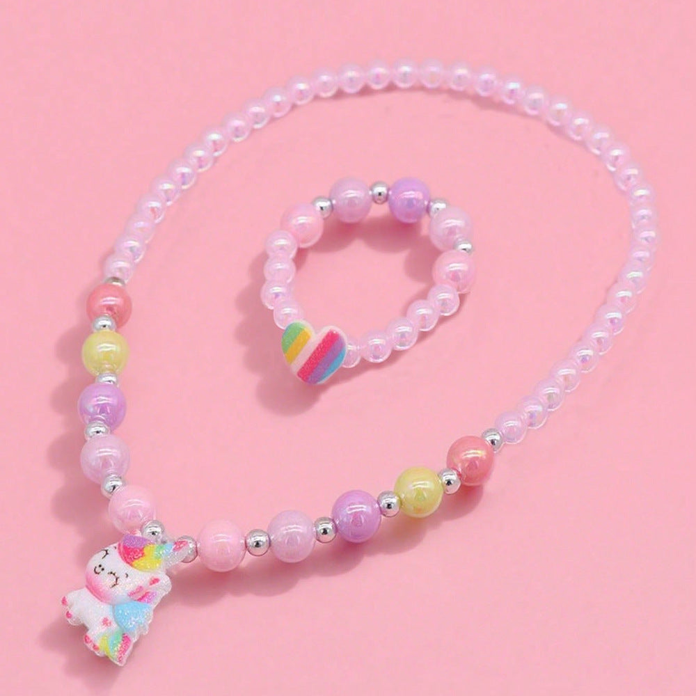 Cartoon Unicorn Pendant Necklace for Kids Made of Resin with Rainbow Dopamine Design on Beaded Chain