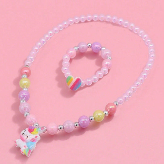 Cartoon Unicorn Pendant Necklace for Kids Made of Resin with Rainbow Dopamine Design on Beaded Chain