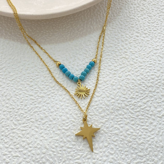 Luxury Geometric Sunflower Turquoise Inlay Titanium Steel Necklace Double Layer Cable Chain Unisex
