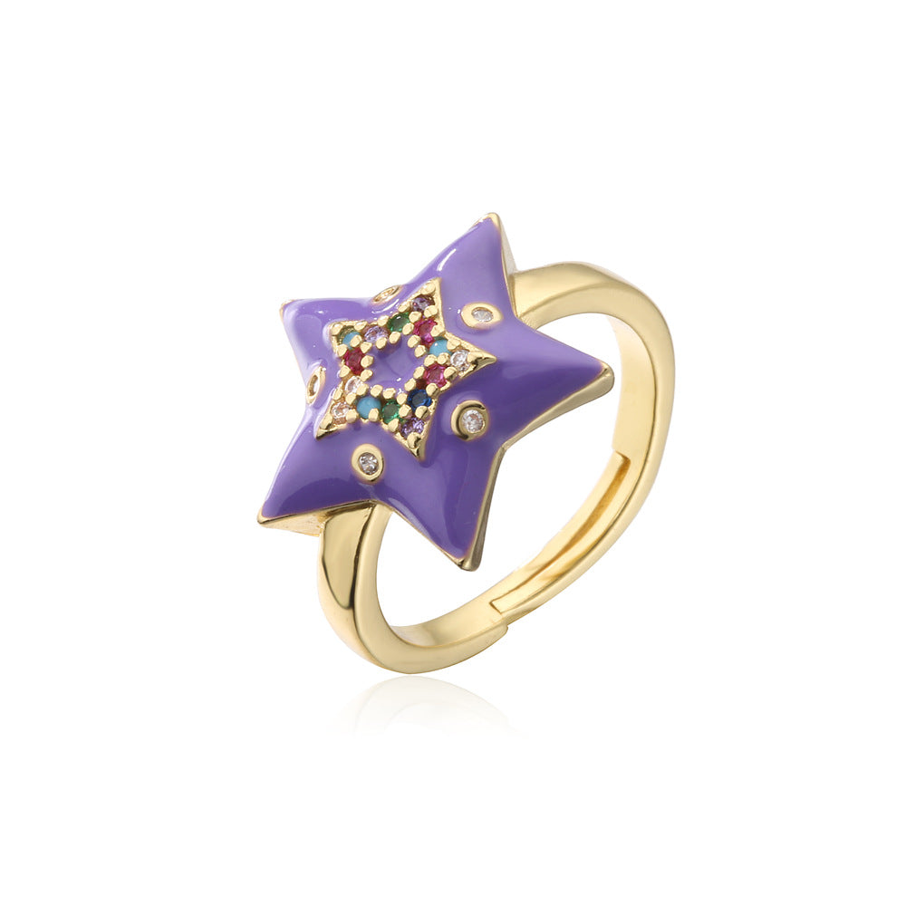 Fashion 18K Gold Plated Brass Drip Oil Cubic Zirconia Star Ring for Women